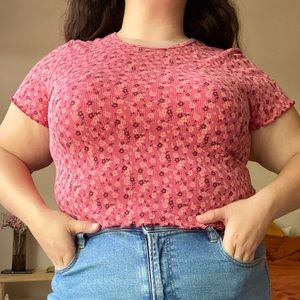 Plus Size Red Floral Baby Tee, American Eagle, XXL